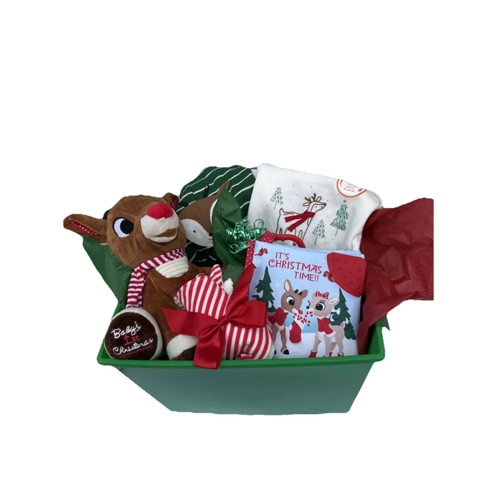 Christmas baby gift basket, Baby's 1st Christmas Rudolph Outfit Lovey & Blanket